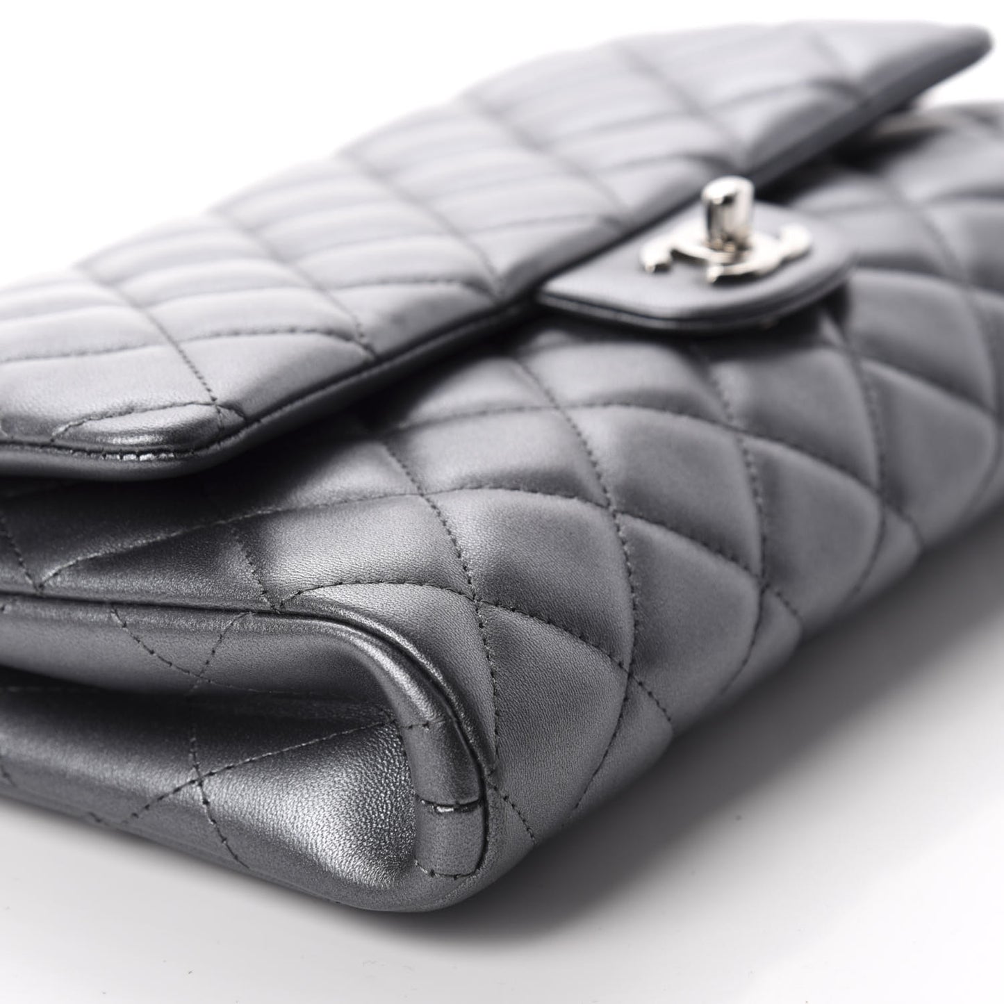 Metallic Lambskin Quilted Clutch With Chain Flap Dark Grey