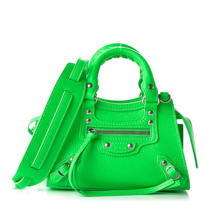 Balenciaga Grained Calfskin Neo Classic Silver Hardware Nano City Crossbody Fluo Green 1 of 9