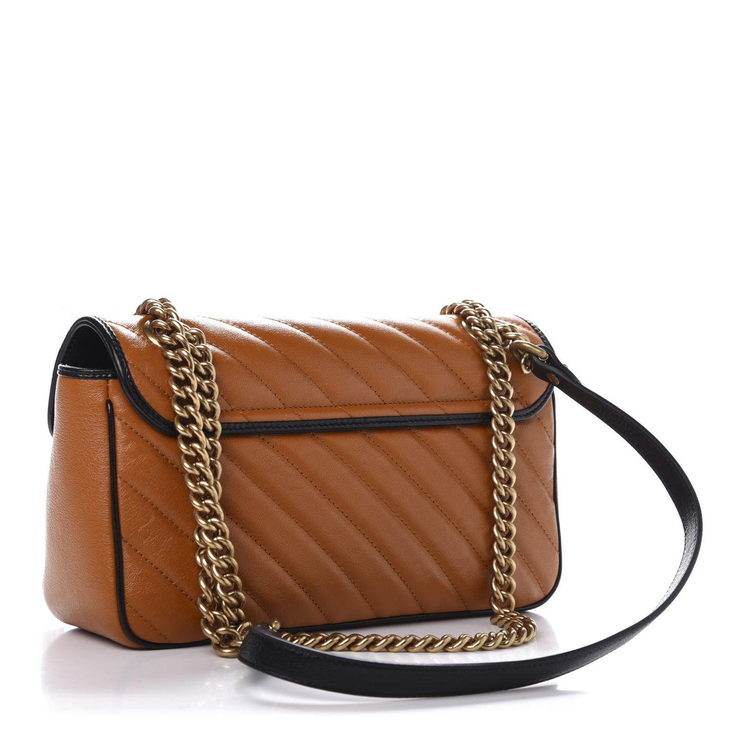 Vintage Effect Calfskin Matelasse Diagonal Small Torchon GG Marmont Shoulder Bag Cognac Black