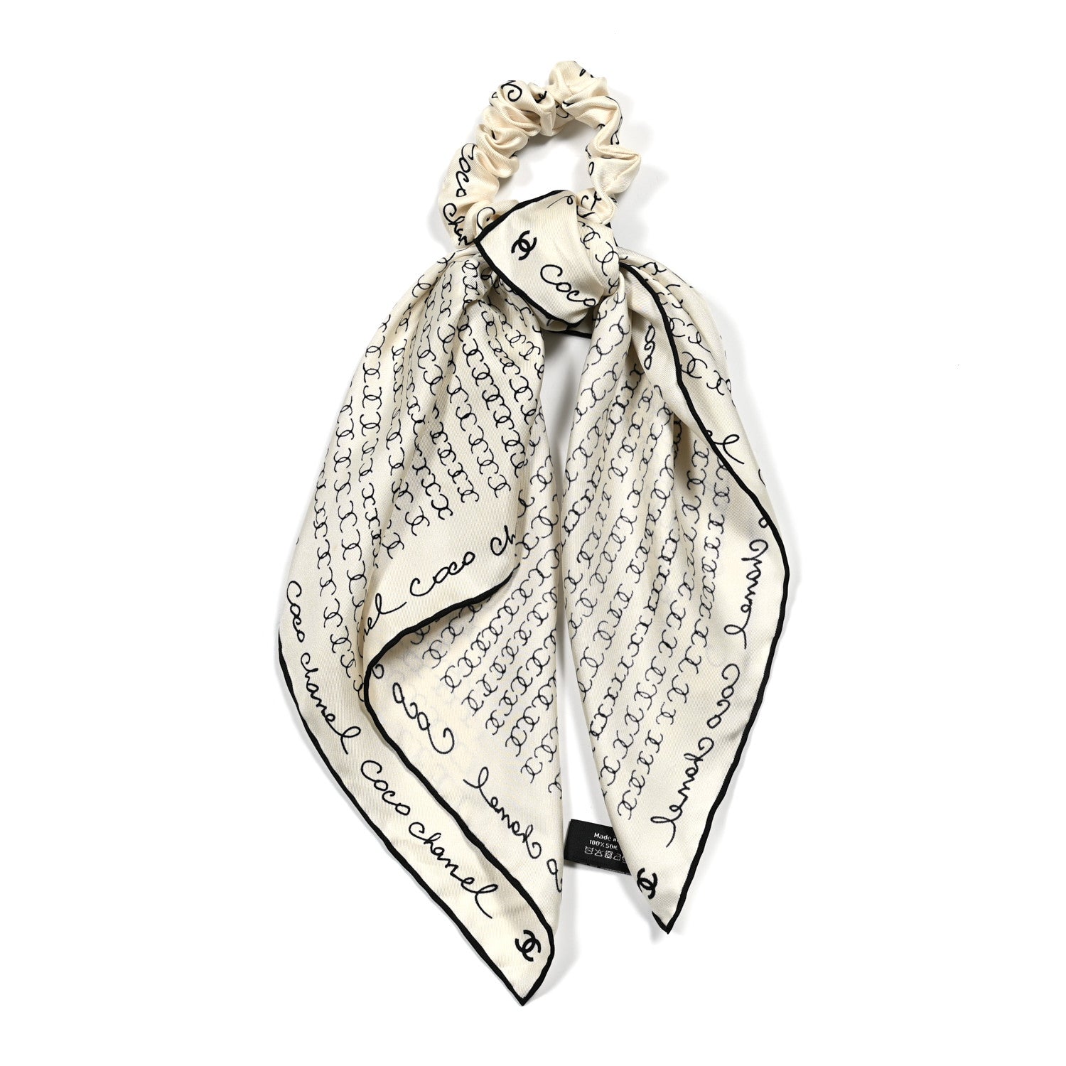 Chanel Silk Twill Square Scarf Hair Tie White Black 1 of 4