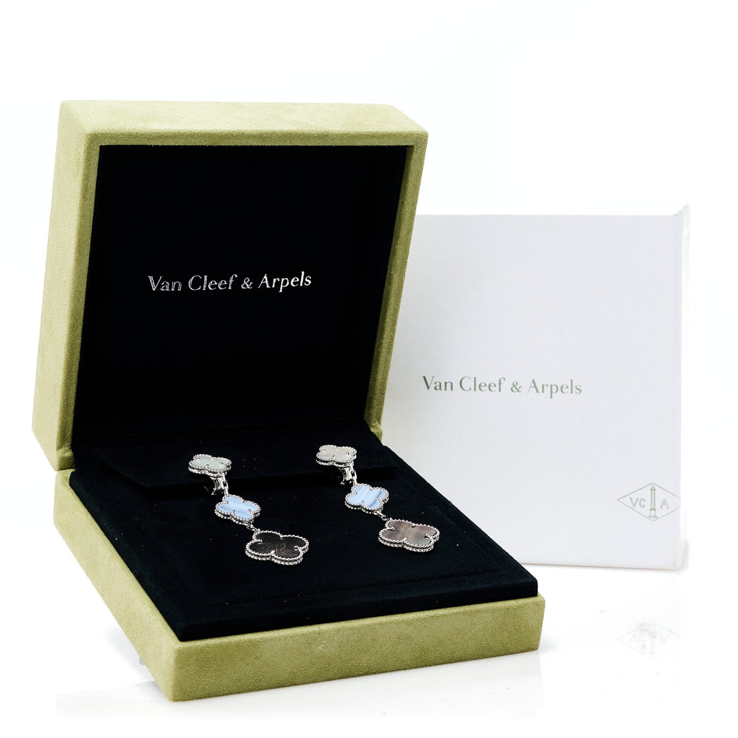 18K White Gold Mother of Pearl Chalcedony 3 Motifs Magic Alhambra Earrings