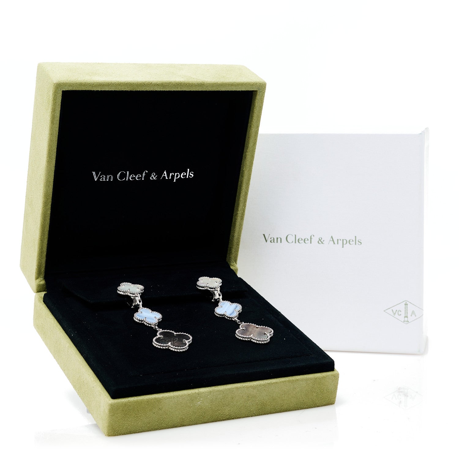 Van Cleef & Arpels 18K White Gold Mother of Pearl Chalcedony 3 Motifs Magic Alhambra Earrings 5 of 5