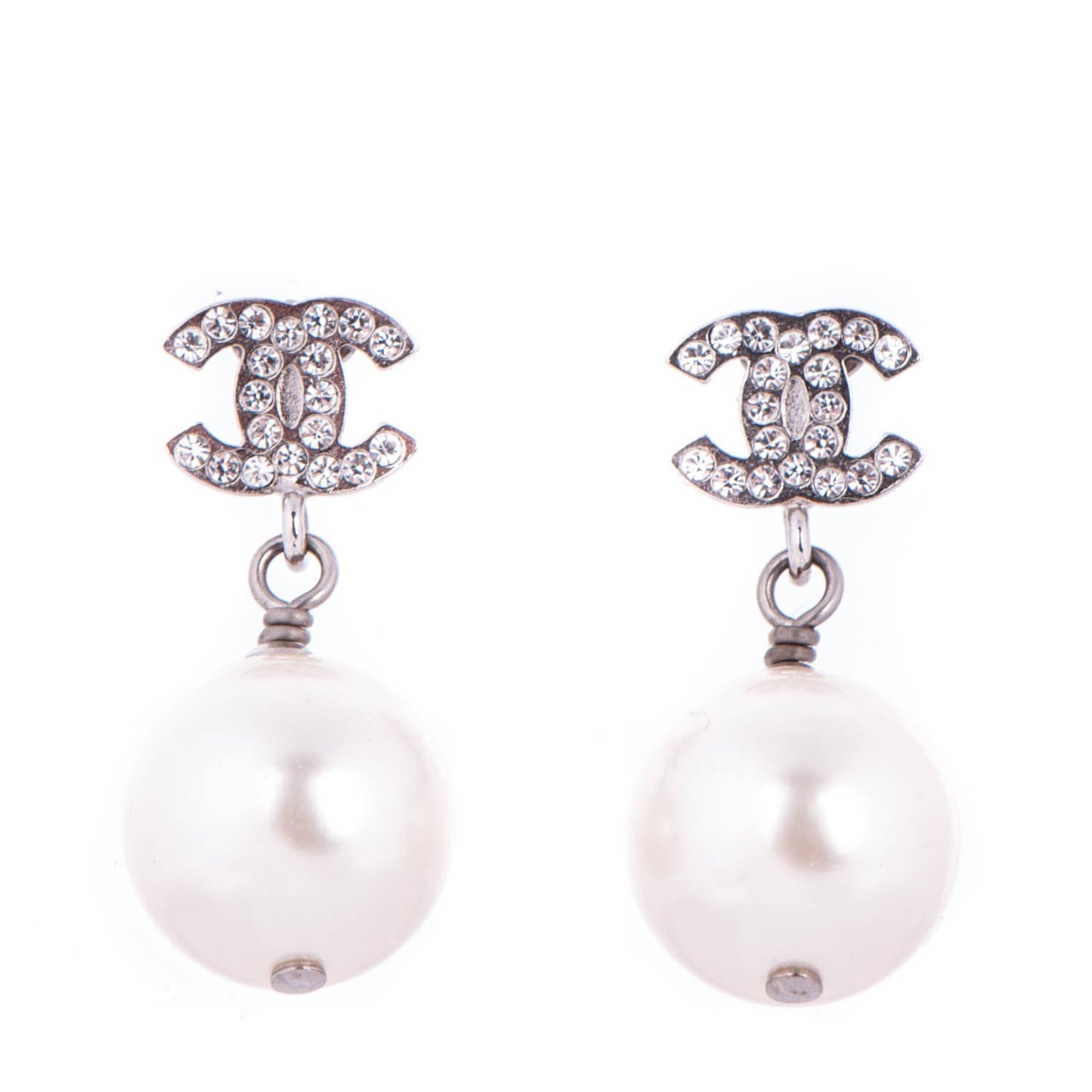 Crystal Pearl CC Drop Earrings Silver
