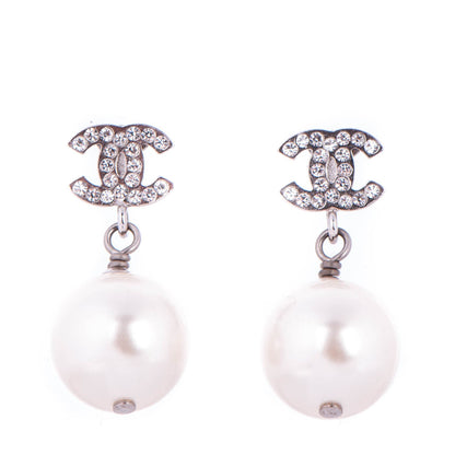 Chanel Crystal Pearl CC Drop Earrings Silver 1 of 5