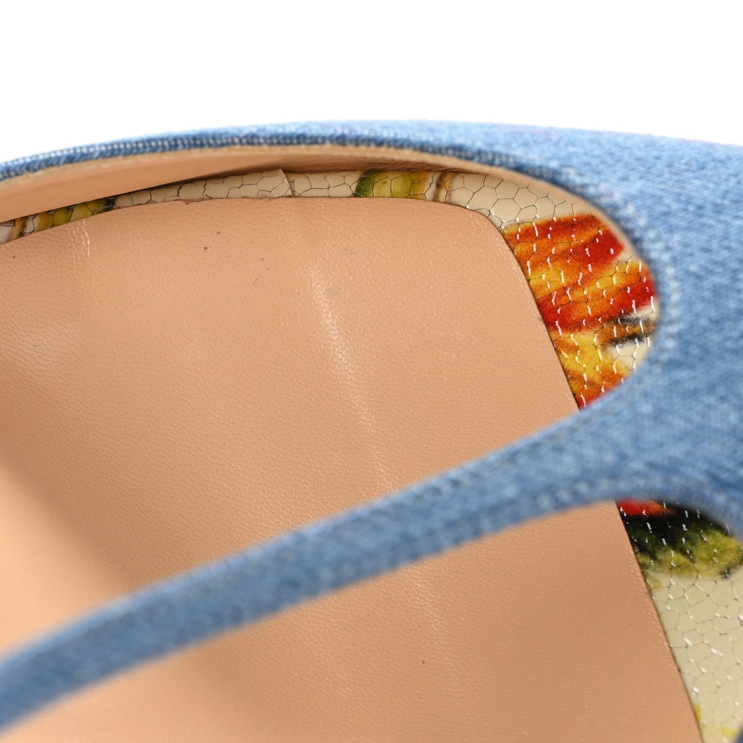 Denim Crackled Calfskin Hawaii Print Senora 100 Sandals 41 Blue White