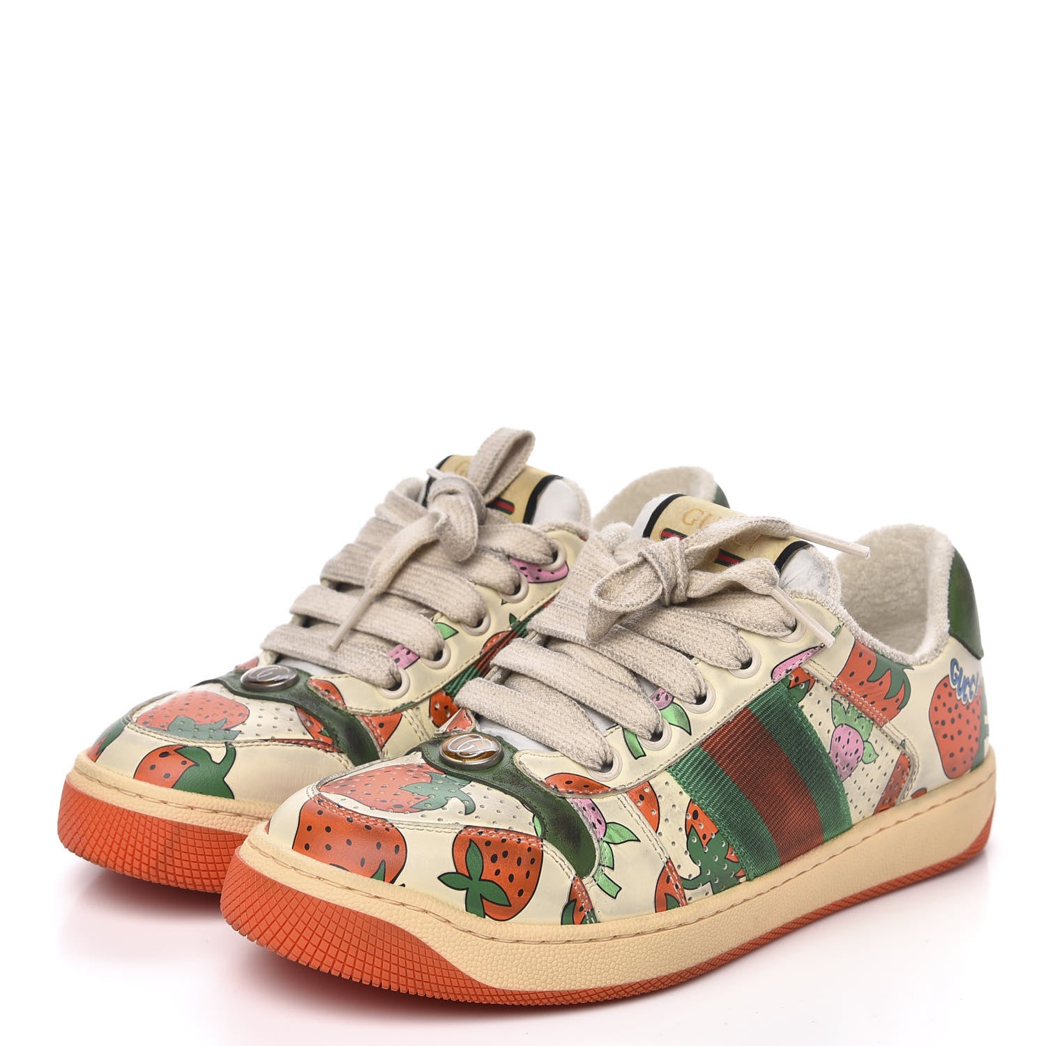 Gucci Nubuck Web Strawberry Print Womens Screener Sneakers 35.5 Dusty Milk White Vintage Green 3 of 9