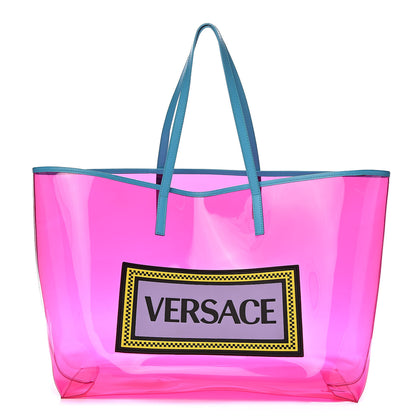 Versace Vinyl Calfskin 90s Logo Tote Pink Blue 1 of 10