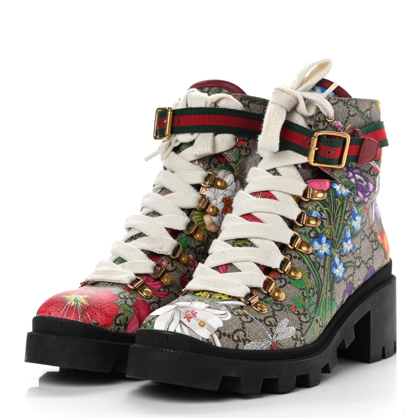 GG Supreme Monogram Flora Lace Up Combat Ankle Boots 39.5 Beige Multicolor Red
