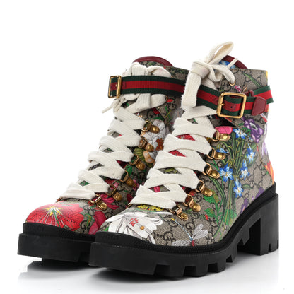 Gucci GG Supreme Monogram Flora Lace Up Combat Ankle Boots 39.5 Beige Multicolor Red 3 of 11