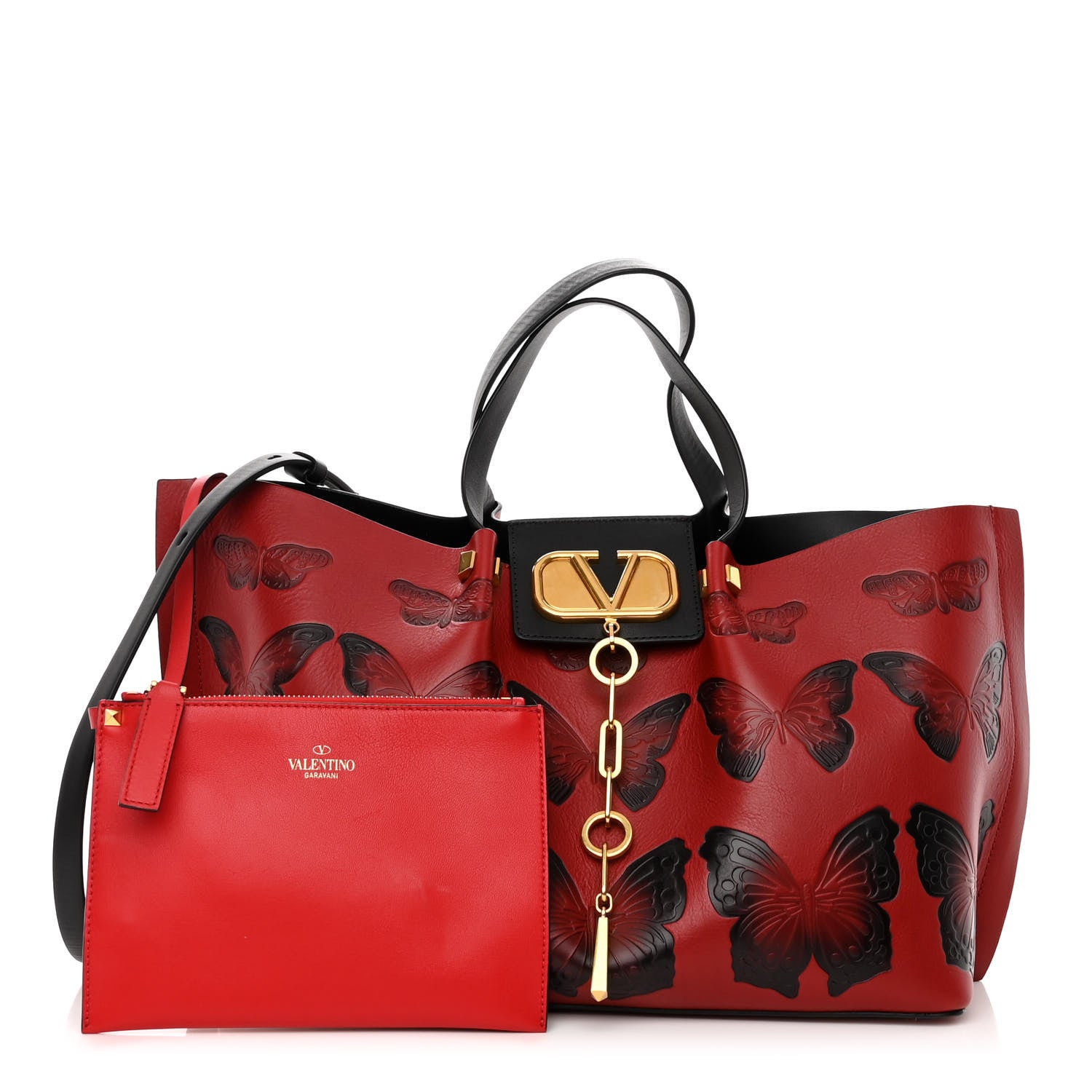 Valentino Garavani Grained Calfskin Butterfly Embossed Medium VLogo Escape Shopper Bag Red Black 1 of 10