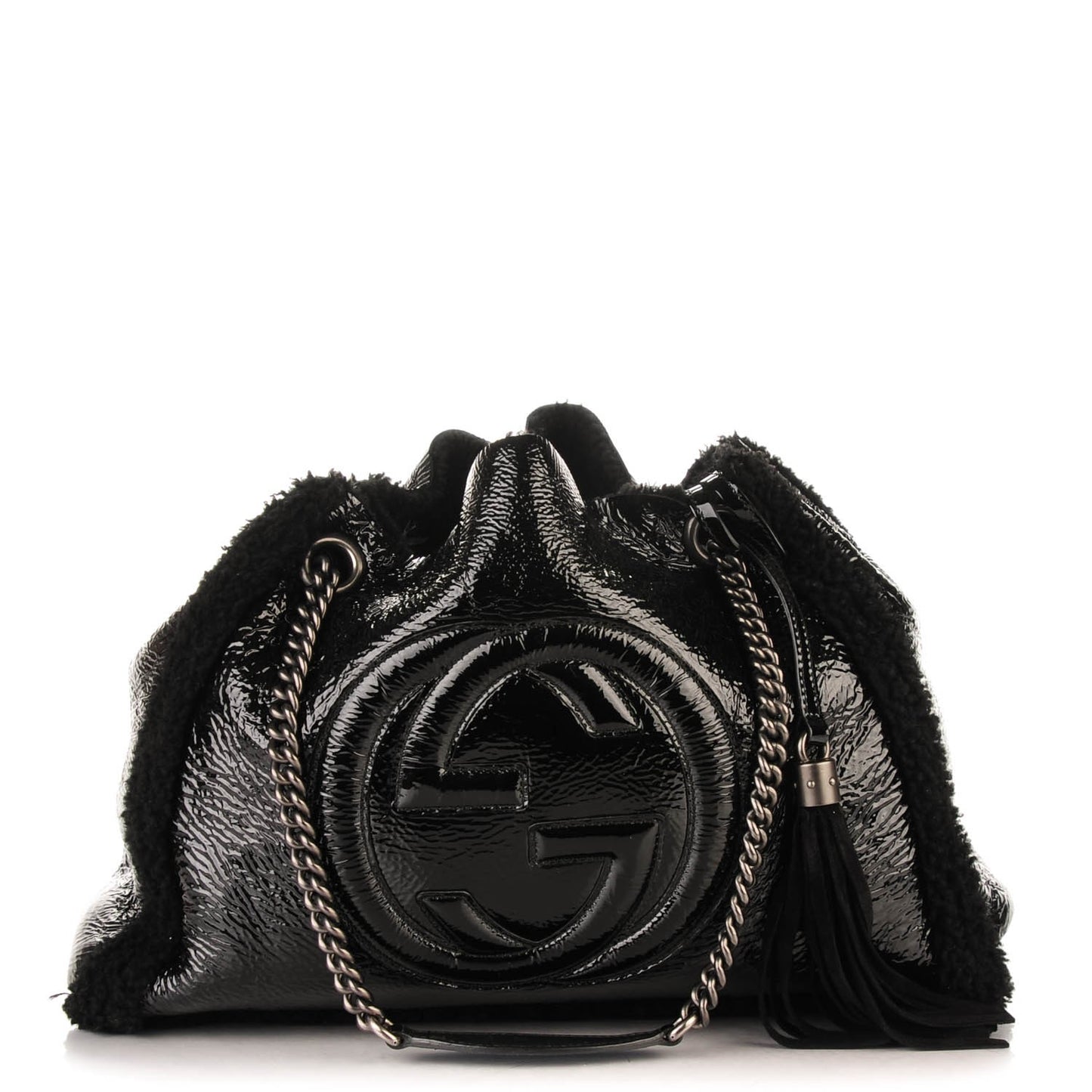 Patent Shearling Medium Soho Chain Shoulder Bag Black