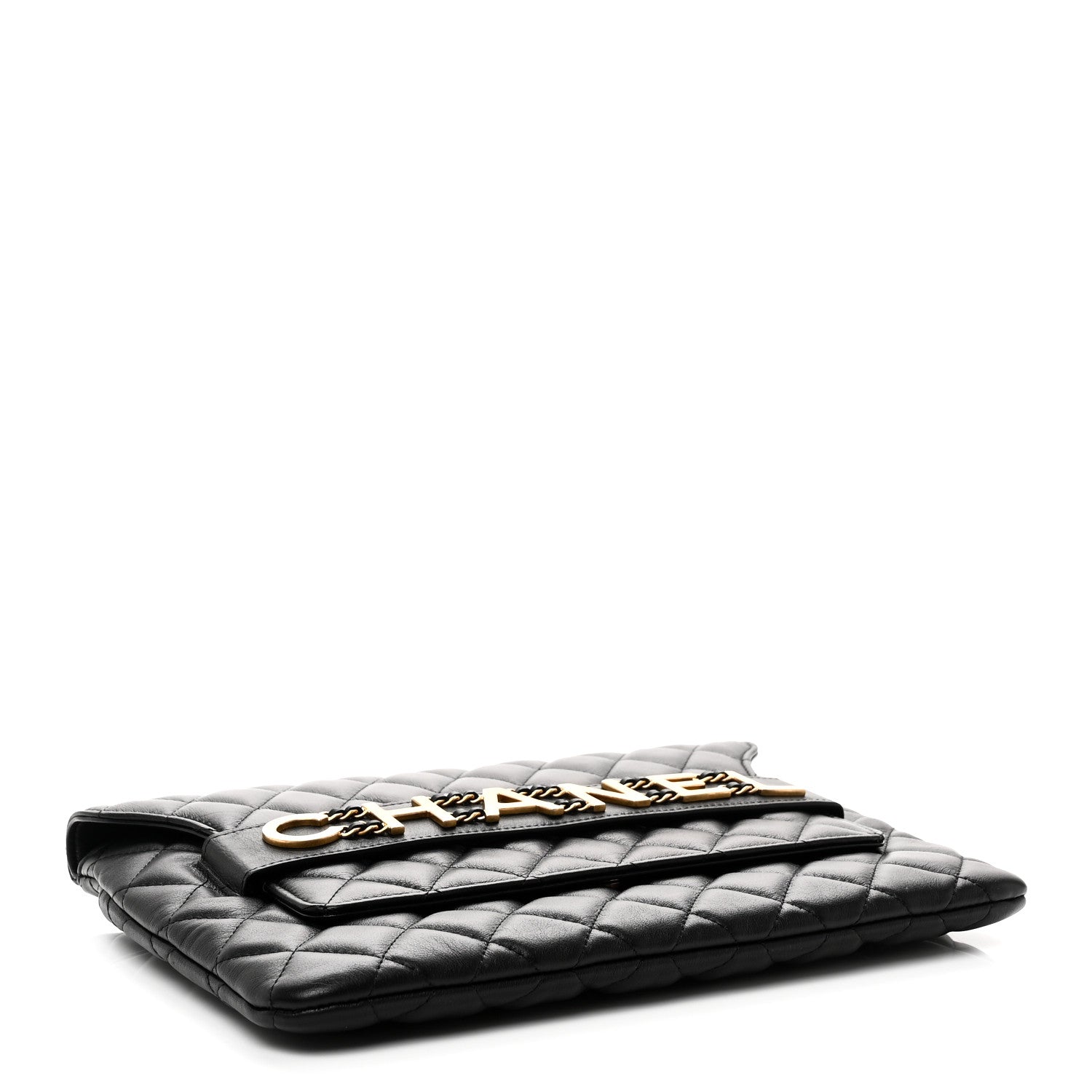 Chanel Calfskin Quilted Front Logo Enchained Clutch Black 4 of 11