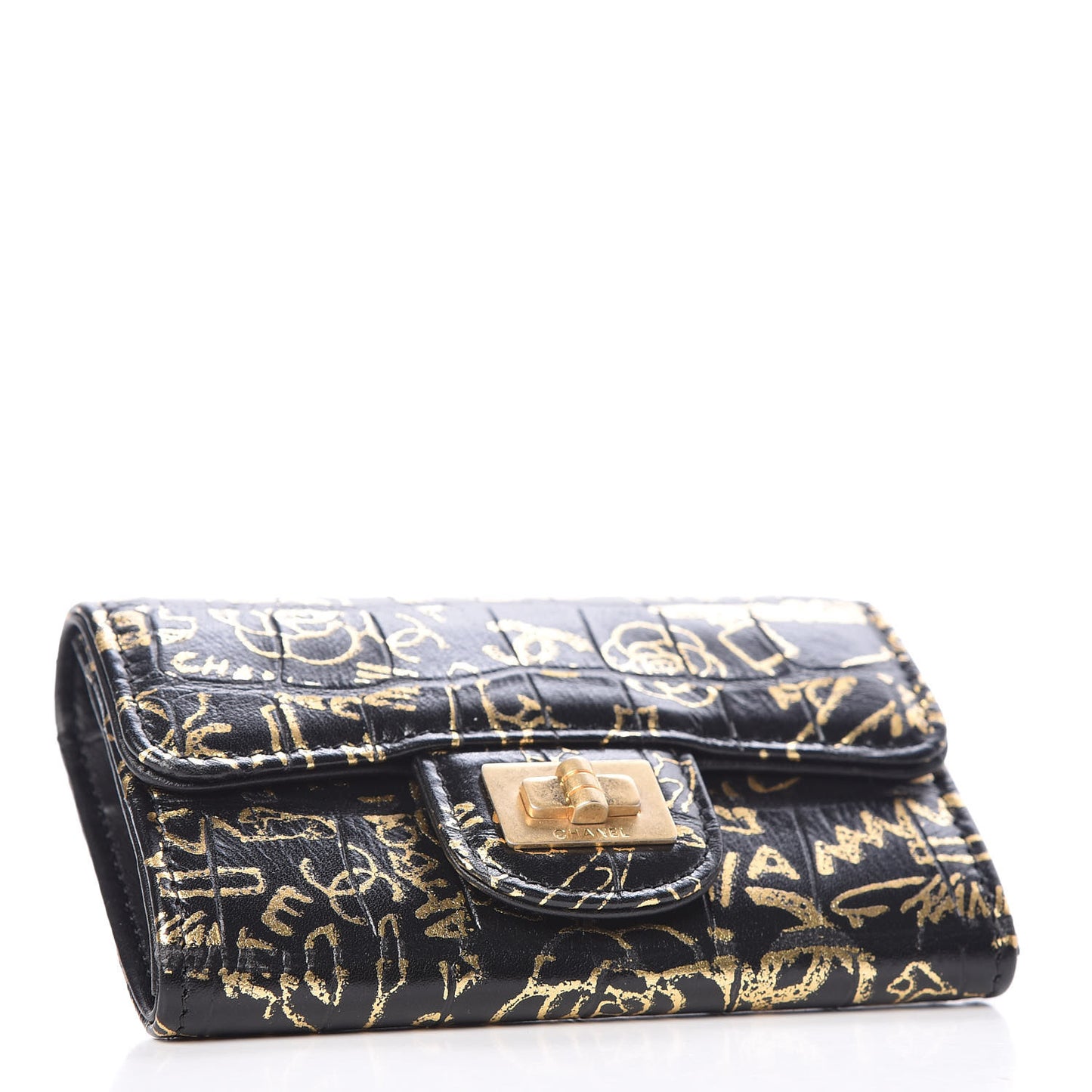 Calfskin Crocodile Embossed Graffiti 2.55 Cocodile Reissue Flap Card Holder Black Gold
