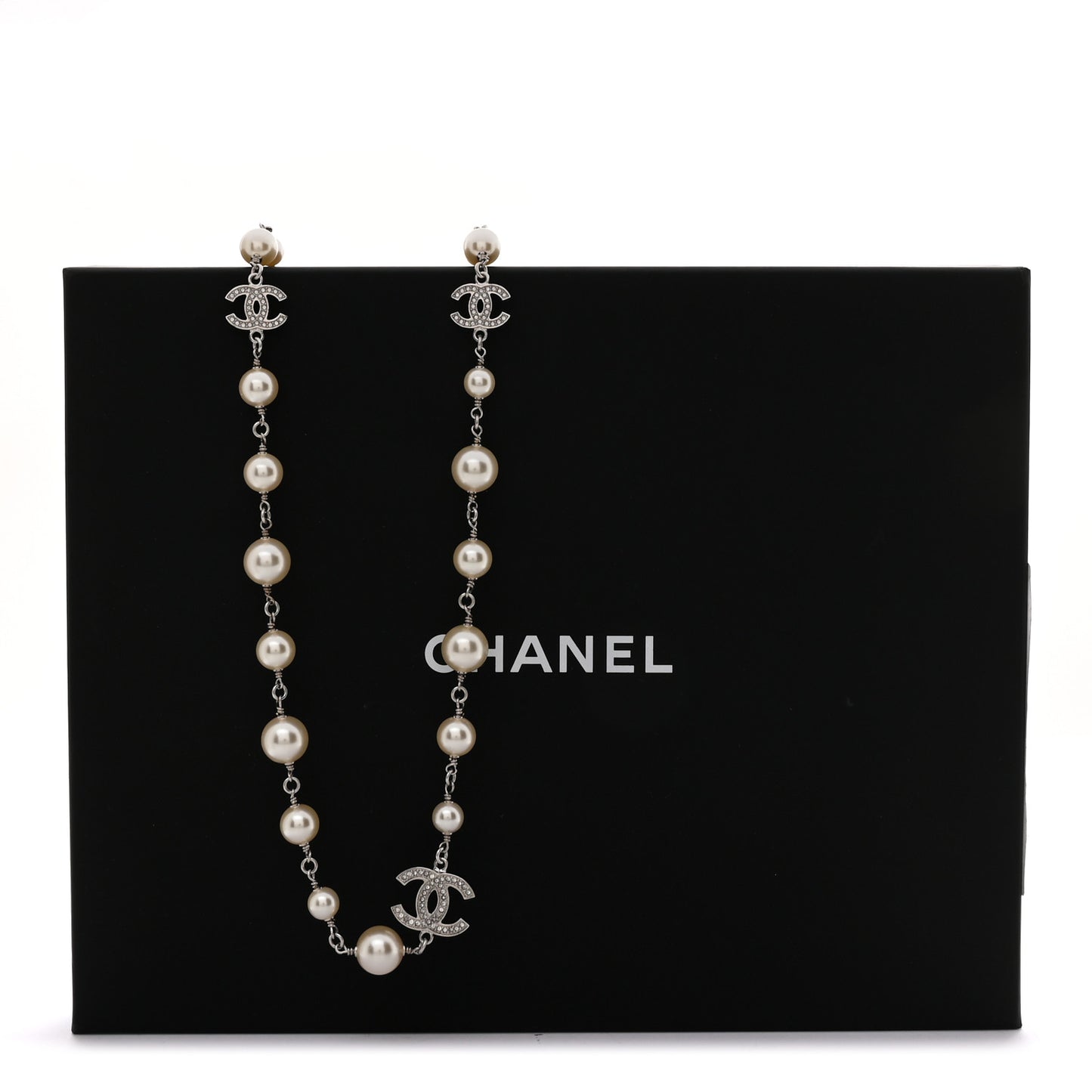 Graduated Pearl Crystal CC Long Necklace Silver