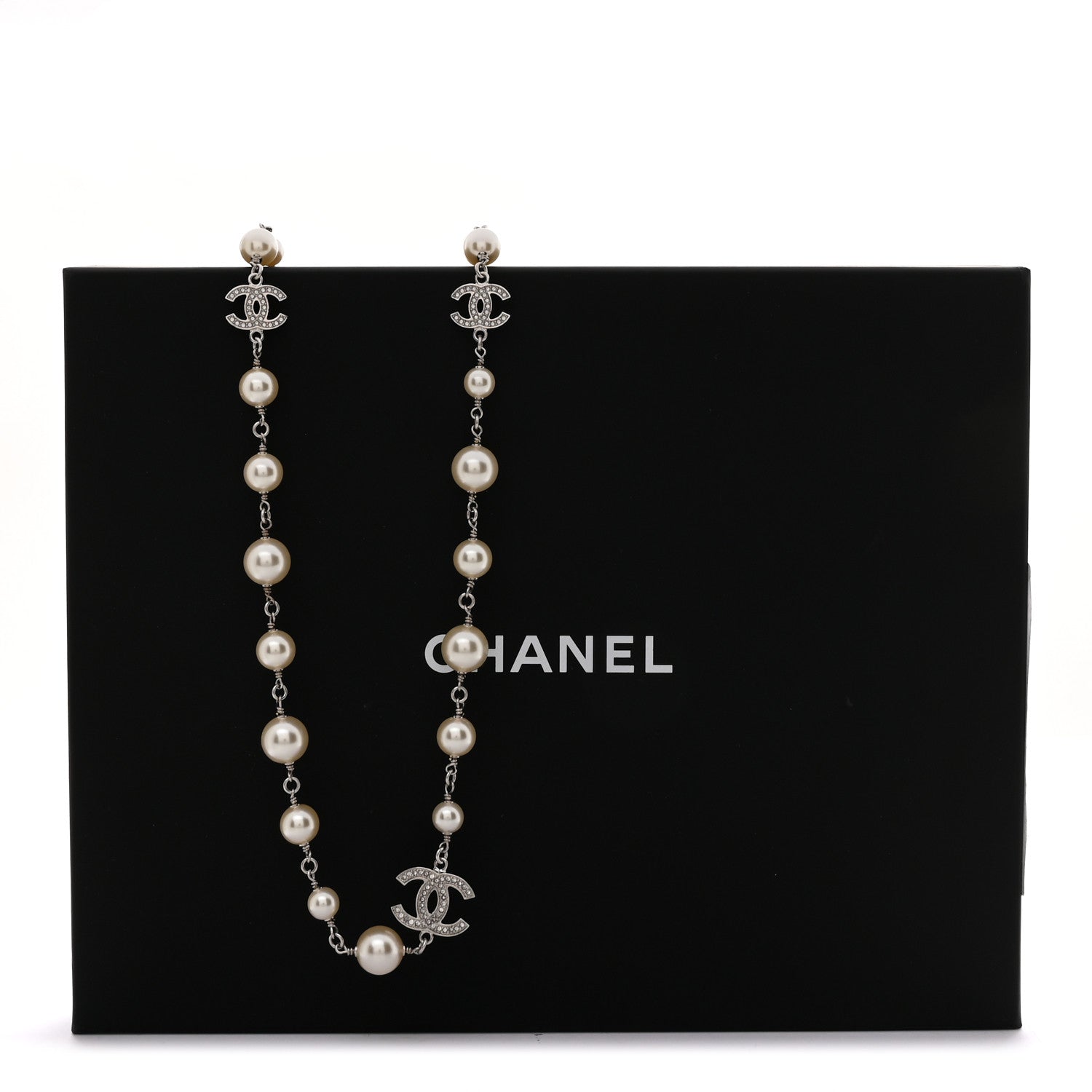 Chanel Graduated Pearl Crystal CC Long Necklace Silver 7 of 7