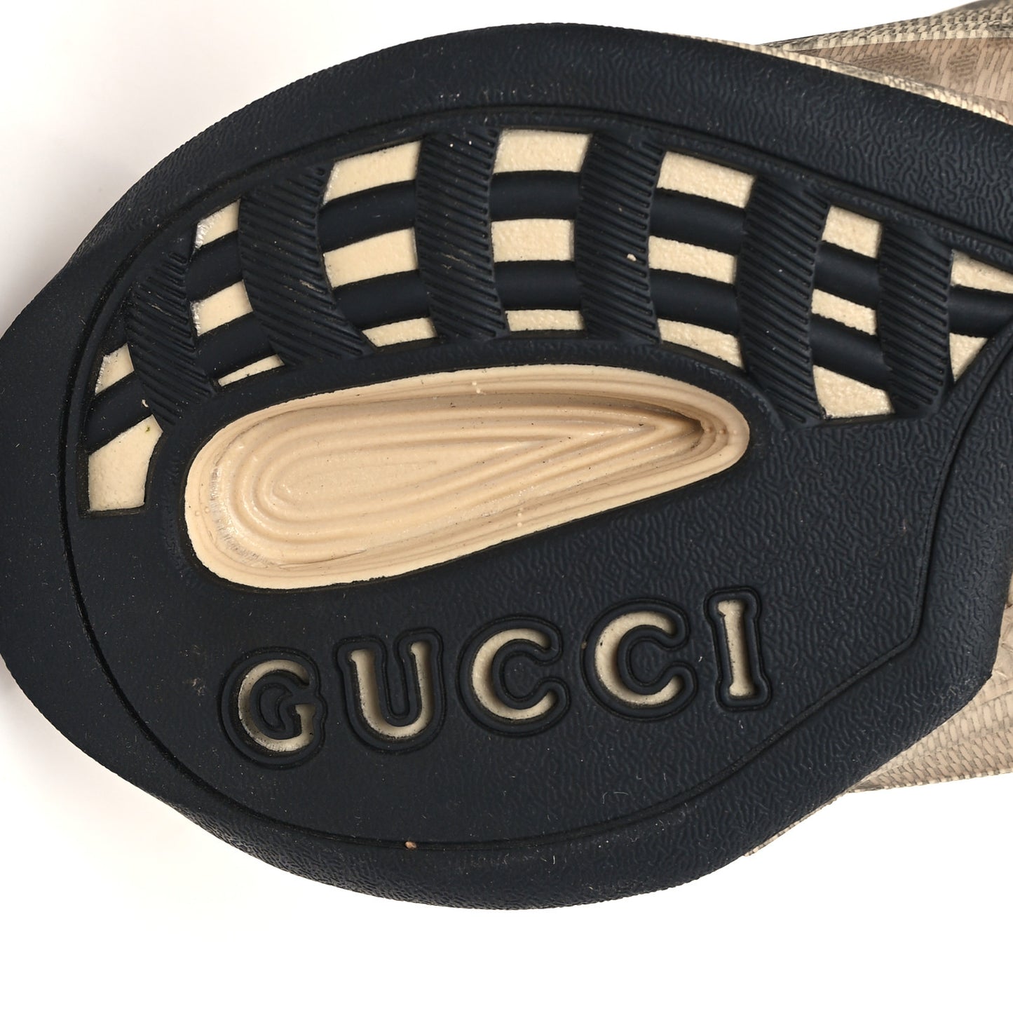 Ultralight Plume Calfskin Monogram Printed Womens Gucci Run Sneakers 38.5 Beige Ebony