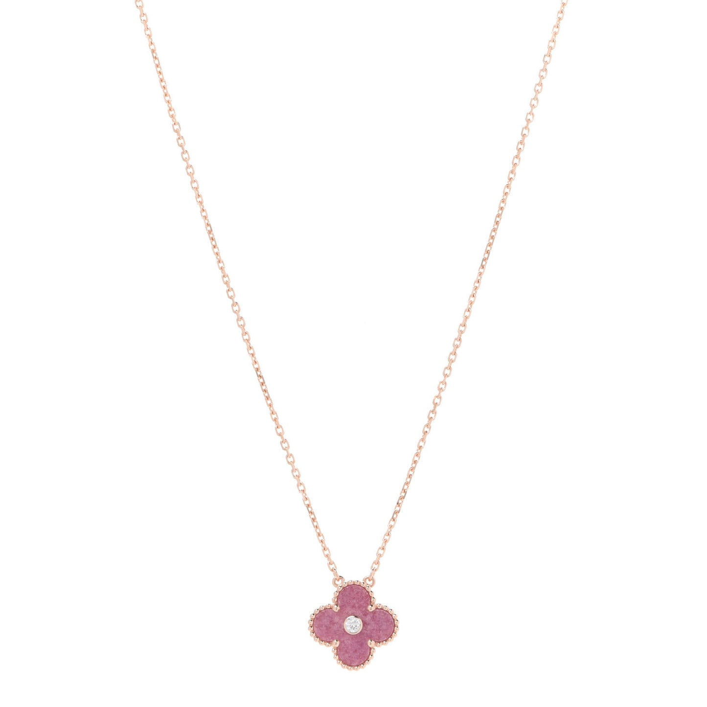 18K Rose Gold Diamond Rhodonite Vintage Alhambra Pendant Necklace