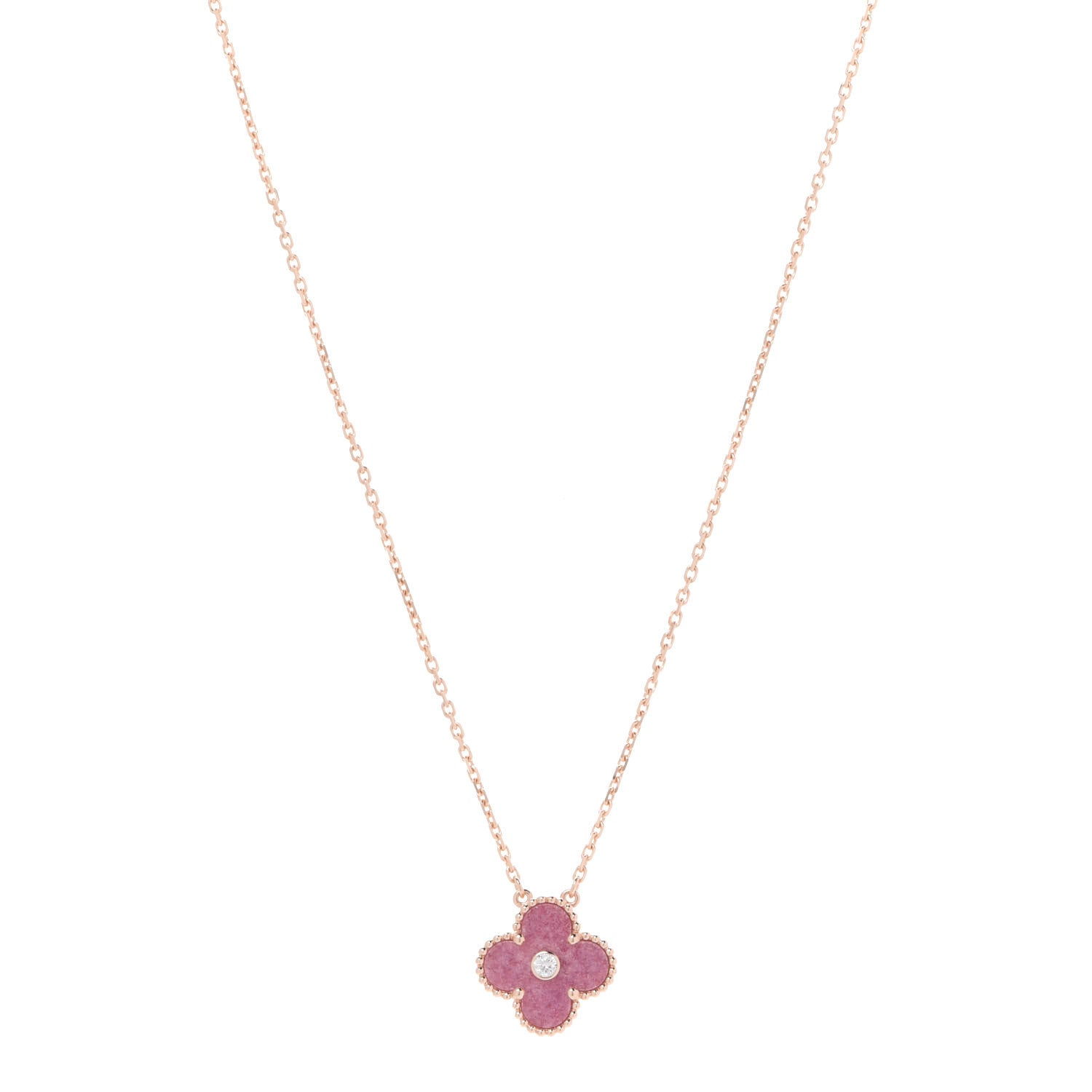 Van Cleef & Arpels 18K Rose Gold Diamond Rhodonite Vintage Alhambra Pendant Necklace 3 of 7