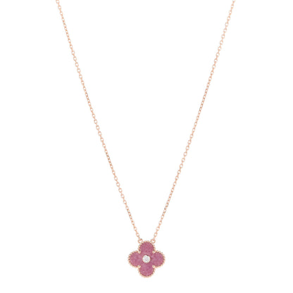 Van Cleef & Arpels 18K Rose Gold Diamond Rhodonite Vintage Alhambra Pendant Necklace 3 of 7