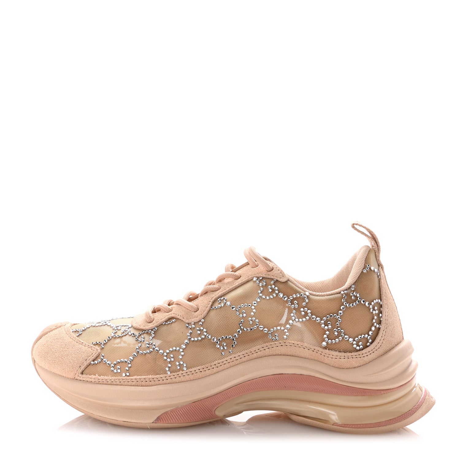 Gucci Tela Retino Mesh Crystal Suede GG Monogram Womens Gucci Run Sneakers 36.5 Light Powder Skin Rose Silver 1 of 11