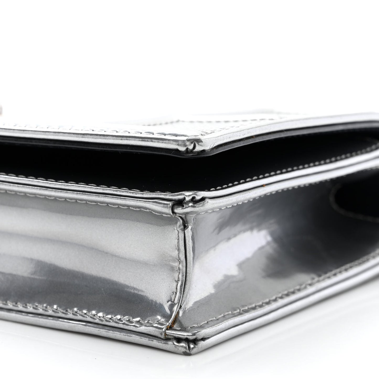 Metallic Patent Micro-Cannage Diorama Wallet on Chain Pouch Silver