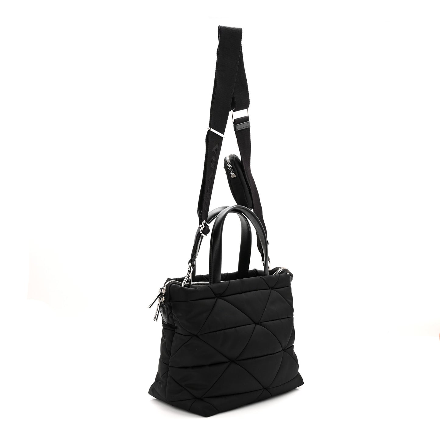 Re-Nylon Nappa Triangle Quilted Padded Double Handled Zip Pocket Tote Black