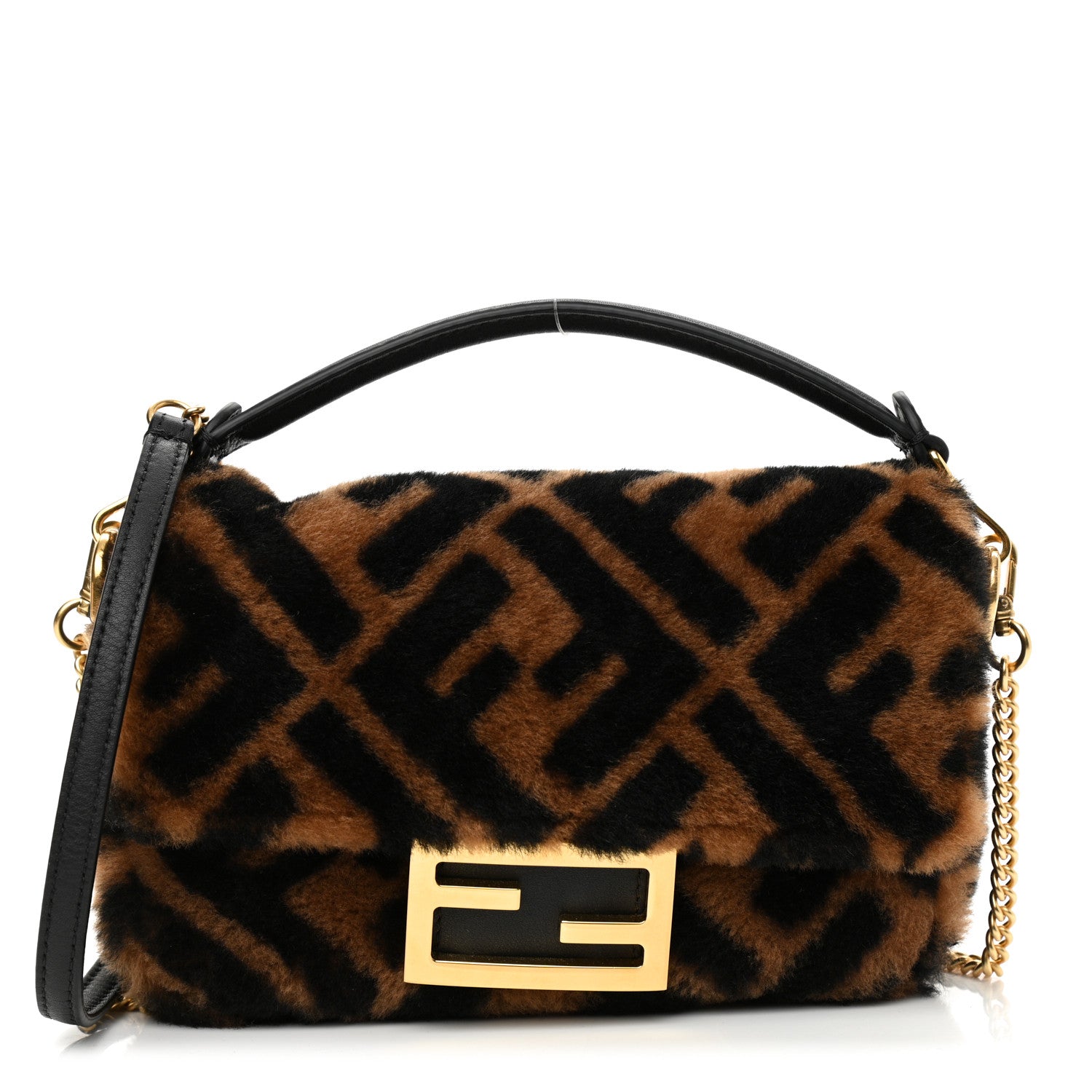 Fendi Shearling Vitello Dolce Macro FF 1974 Mini Baguette Tobacco Black 1 of 8