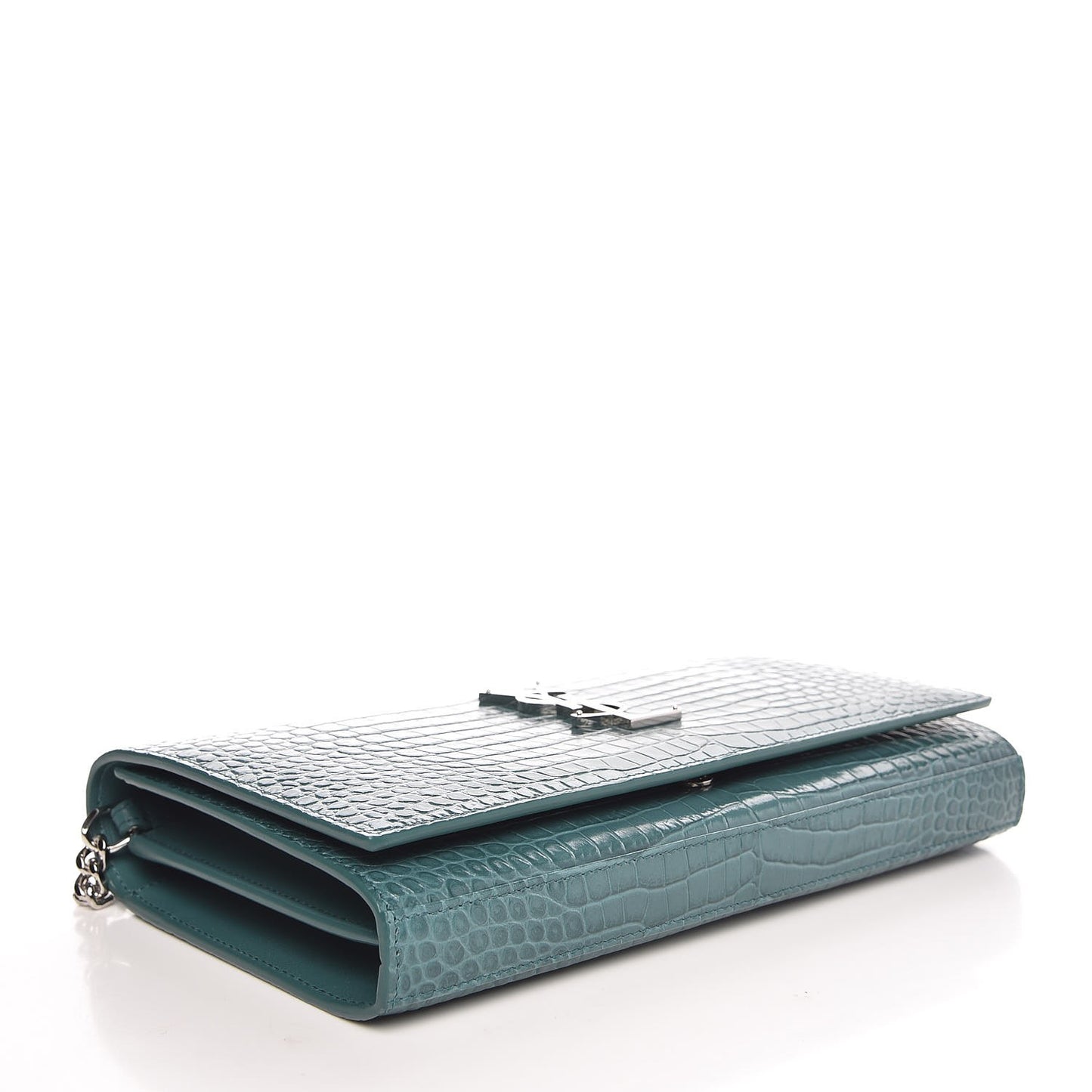 Calfskin Crocodile Embossed Monogram Chain Wallet Water Green