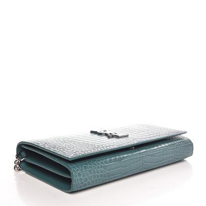 Saint Laurent Calfskin Crocodile Embossed Monogram Chain Wallet Water Green 4 of 9