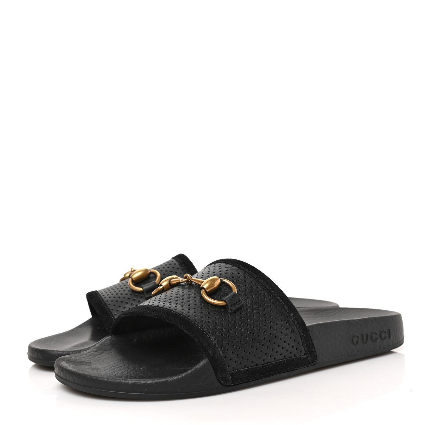 Suede Perforated Horsebit Slide Sandals 37 Black