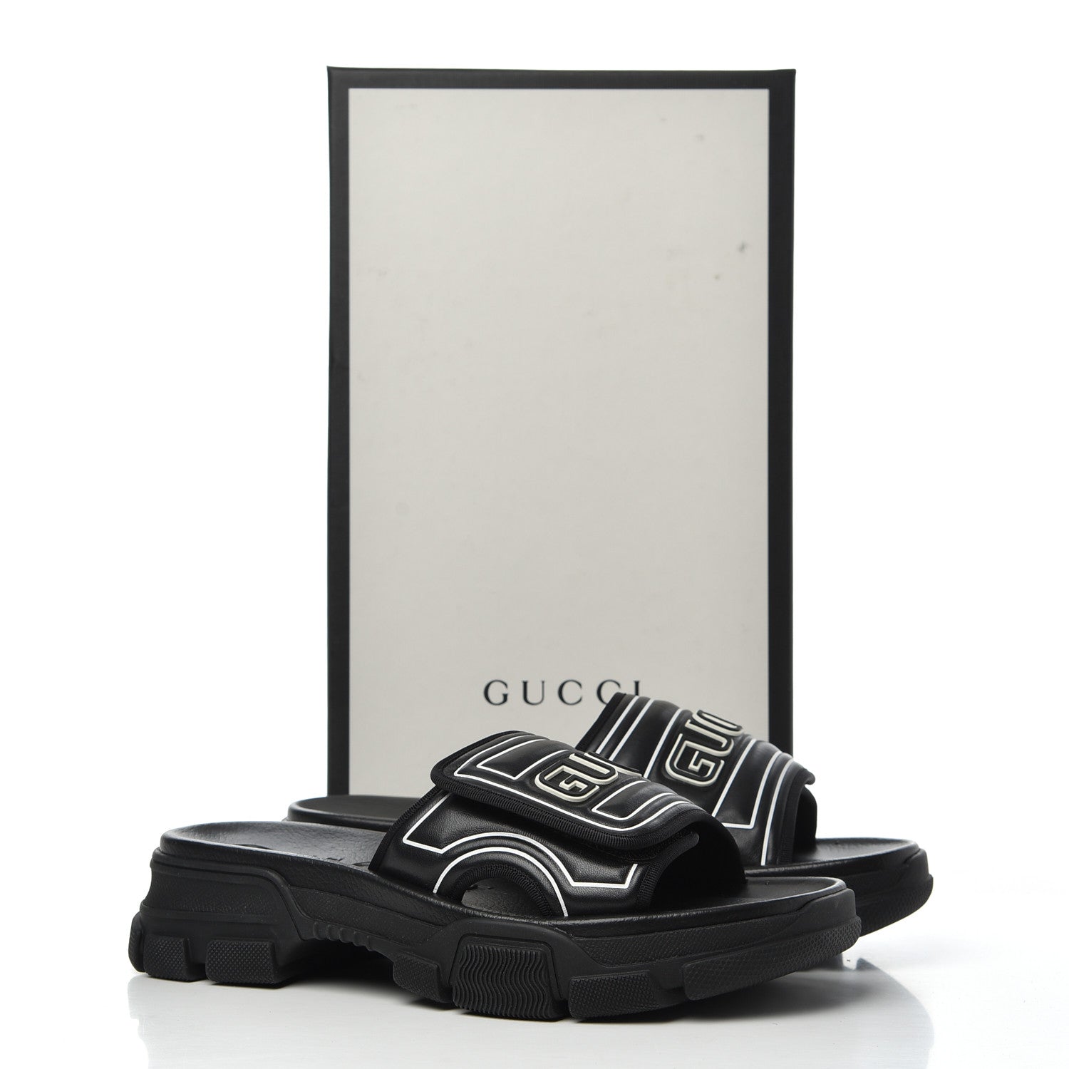 Gucci Nappa Grosgrain Logo Mens Velcro Chunky Slide Sandals 6 Black 12 of 12