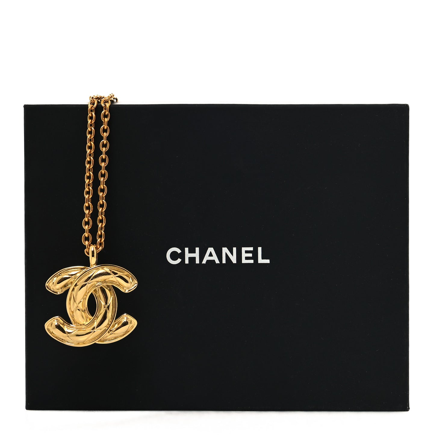 Metal Quilted CC Long Necklace Gold