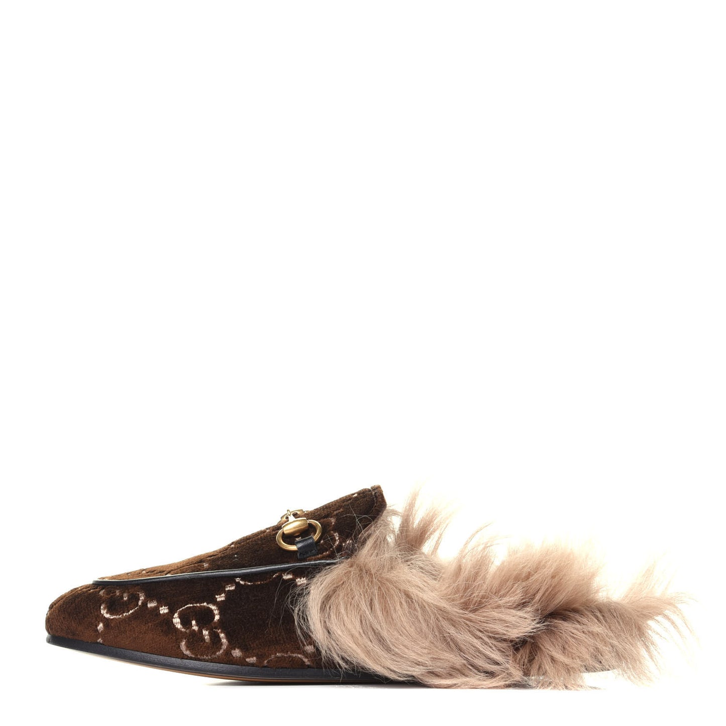 Velvet GG Monogram Fur Womens Princetown Slippers 35 Brown Black Natural