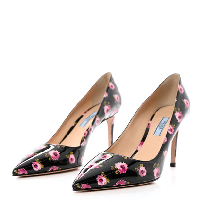 Prada Vernice Rose Print 85mm Pumps 39 Black 3 of 8