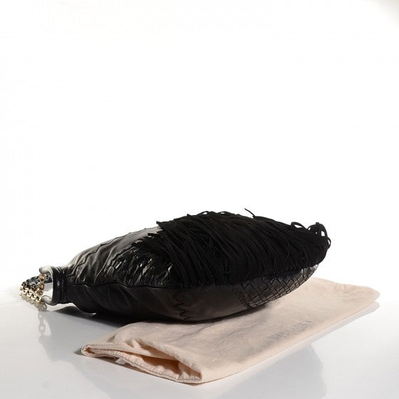 Lambskin Python Fringe Tatum Shoulder Bag Black
