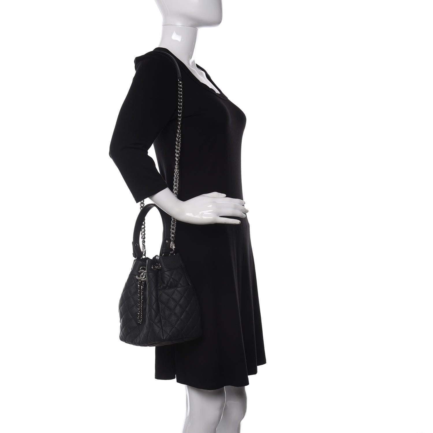 Chanel Caviar Flat Quilted CC Chain Bucket Drawstring Bag Black 2 of 11
