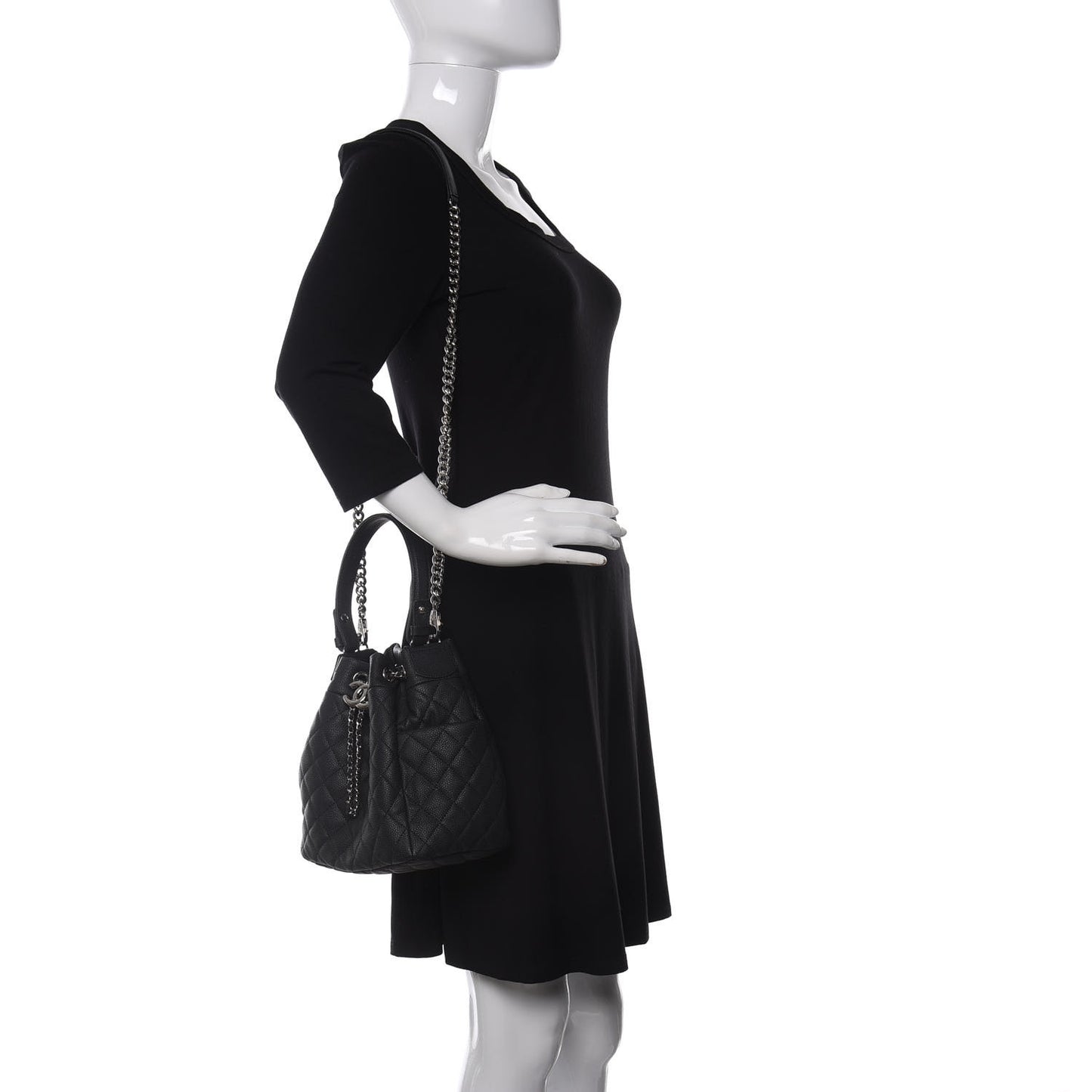 Caviar Flat Quilted CC Chain Bucket Drawstring Bag Black