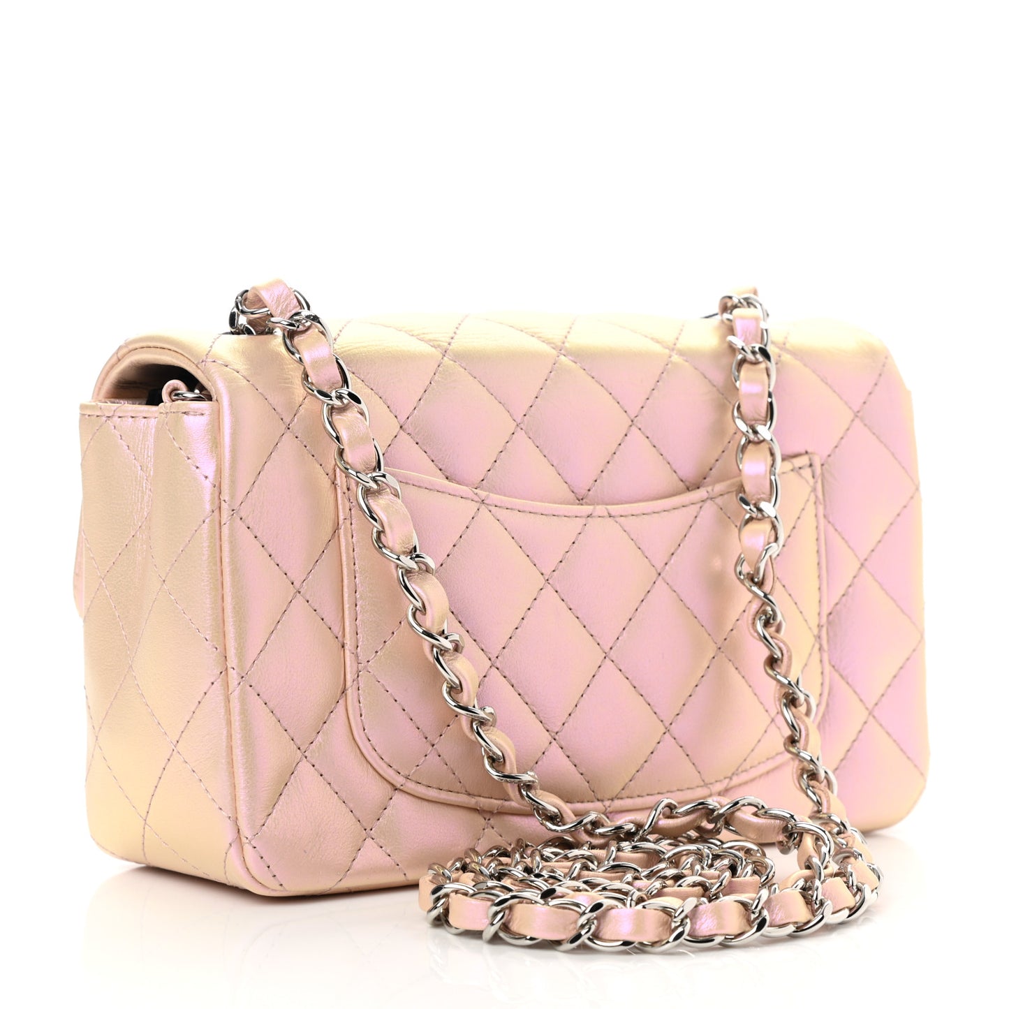 Iridescent Calfskin Quilted Mini Rectangular Flap Pink