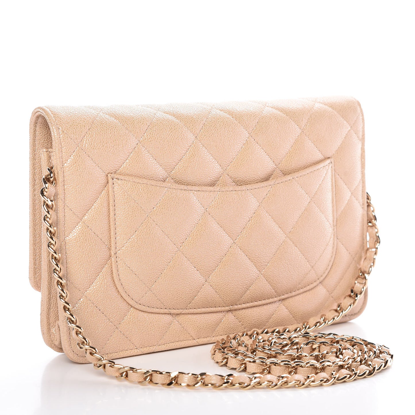 Iridescent Caviar Quilted Wallet On Chain WOC Beige