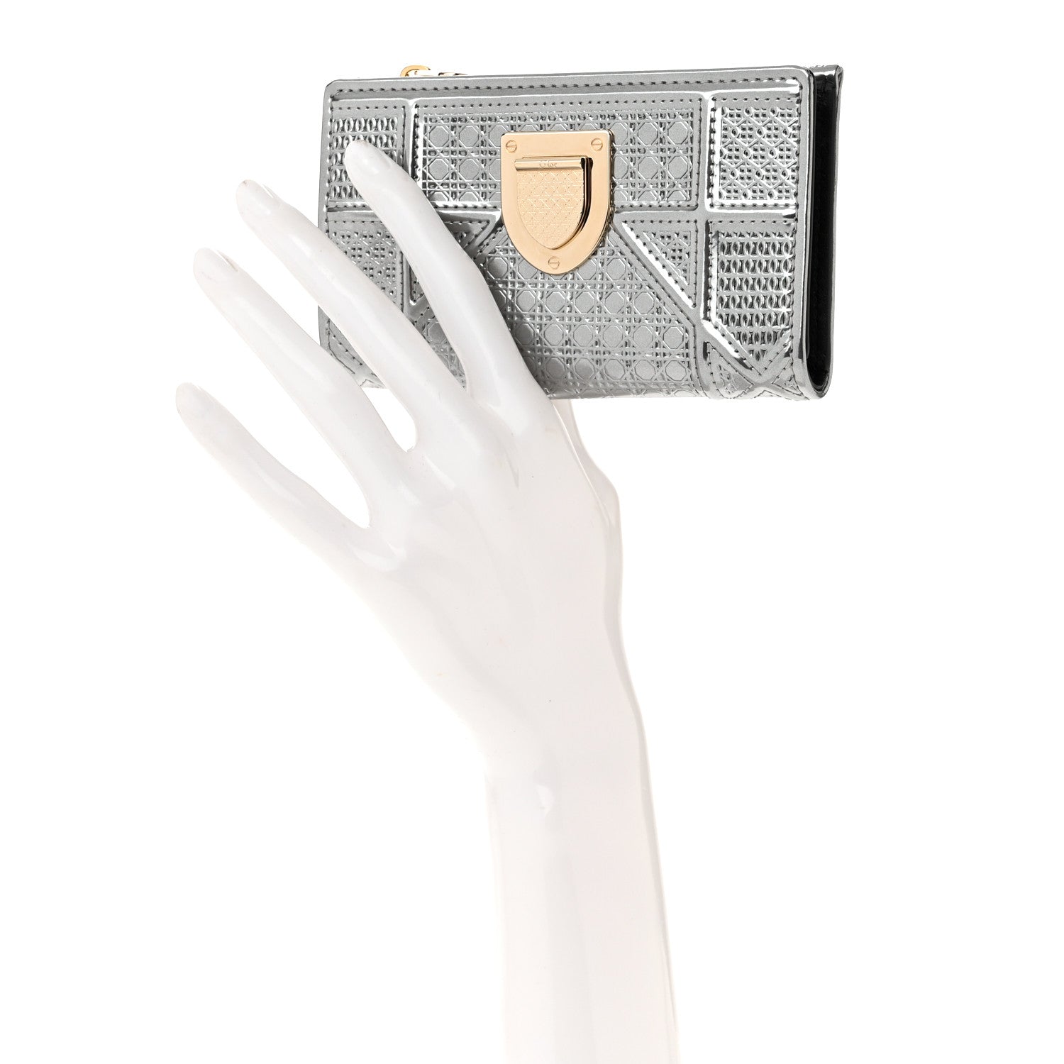 Christian Dior Metallic Patent Micro-Cannage Diorama Medium Wallet Silver 2 of 7