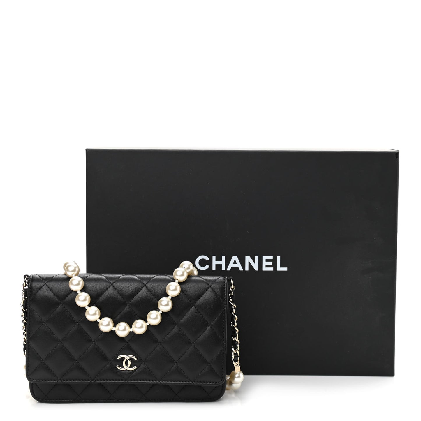 Lambskin Quilted Pearl Wallet On Chain WOC Black
