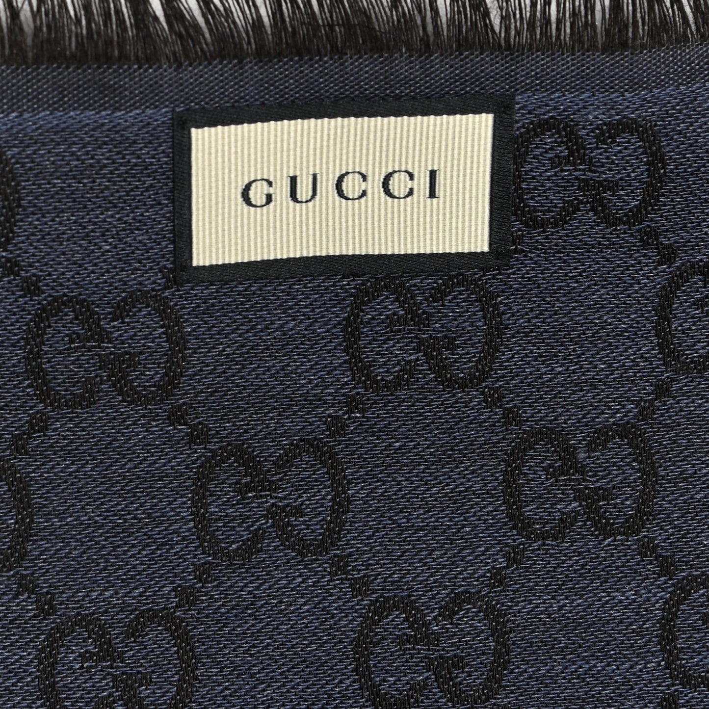 Wool Silk Monogram Fringe Scarf Navy Blue