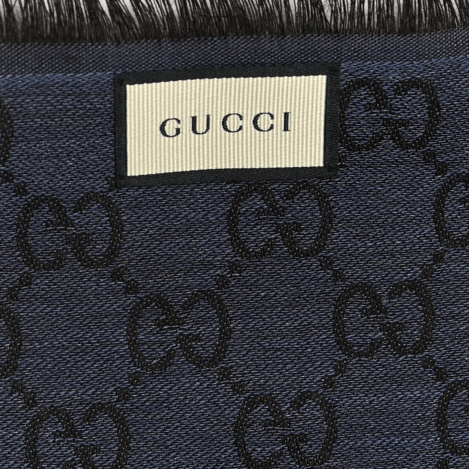 Gucci Wool Silk Monogram Fringe Scarf Navy Blue 3 of 3