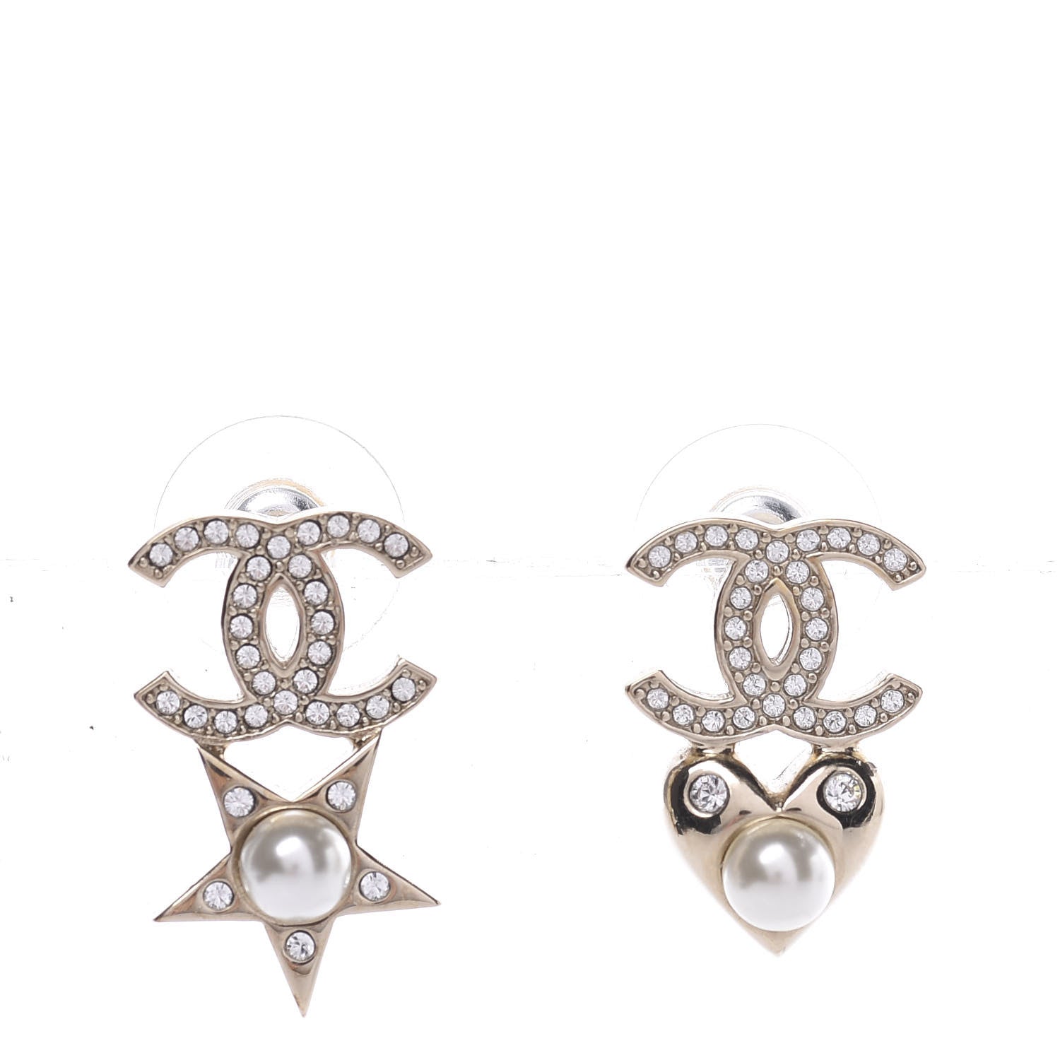 Chanel Crystal Pearl Charming Winter CC Star Heart Earrings Gold 1 of 5