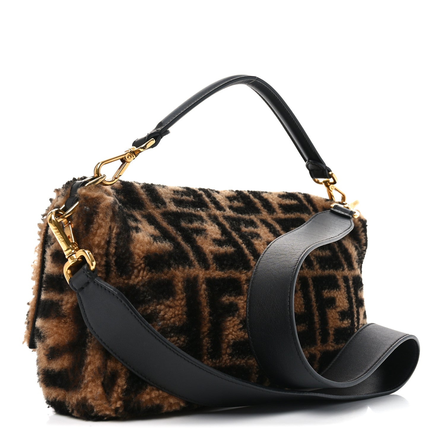 Fendi Shearling Vitello Dolce Macro FF 1974 Large Baguette Tobacco
