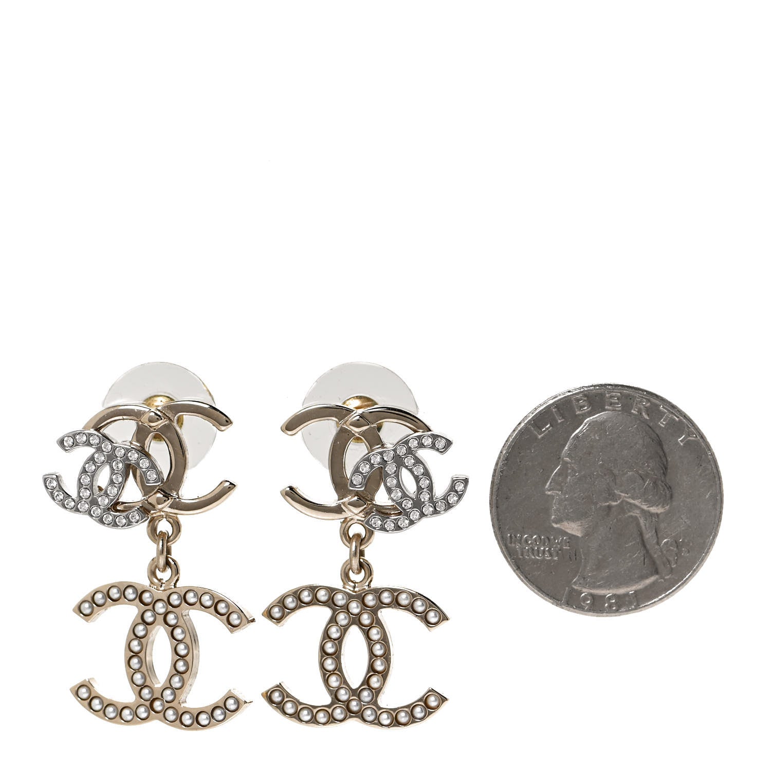 Chanel Crystal Pearl Double CC Drop Earrings Gold Silver 2 of 6