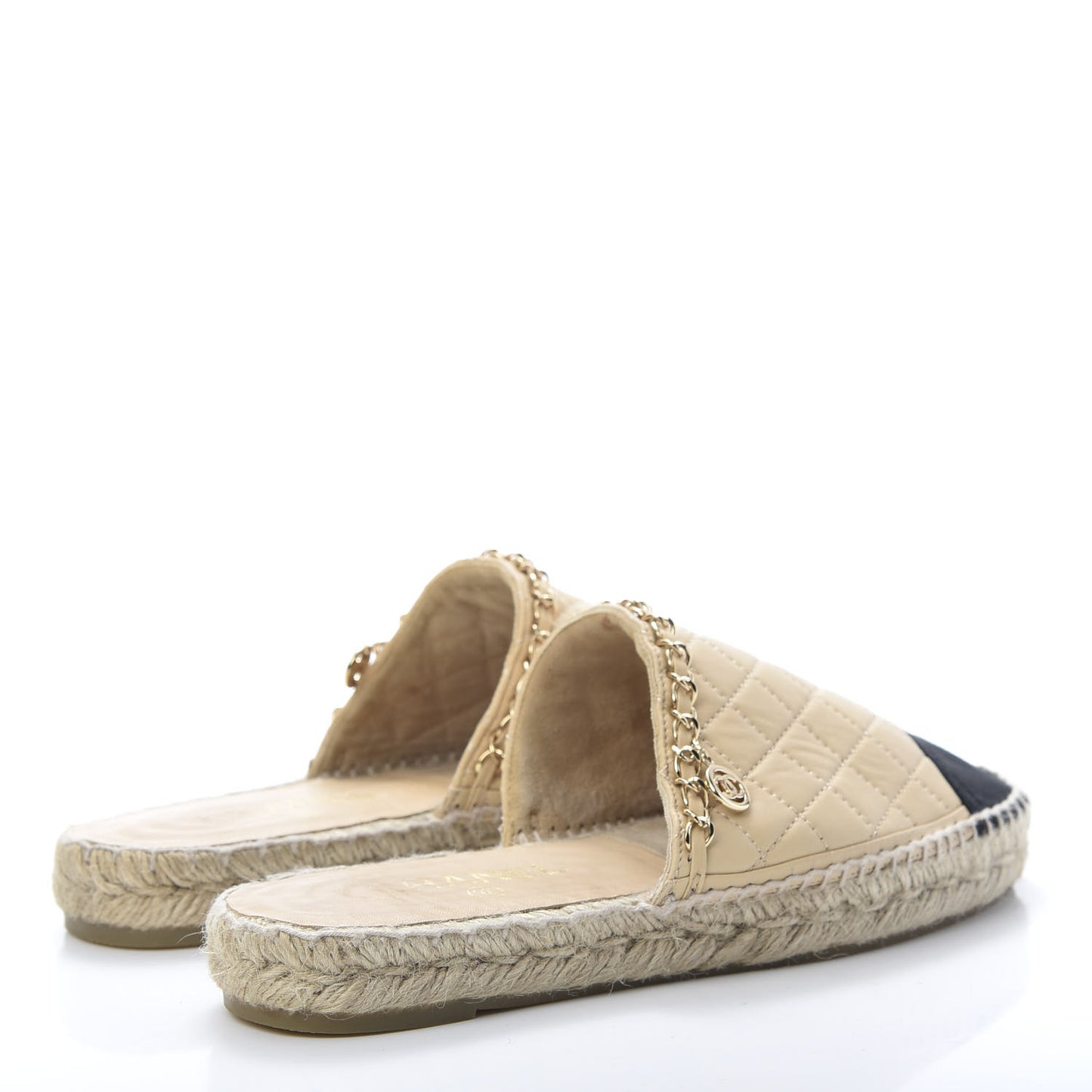 Lambskin Grosgrain Quilted CC Chain Espadrille Mules 39 Beige Black
