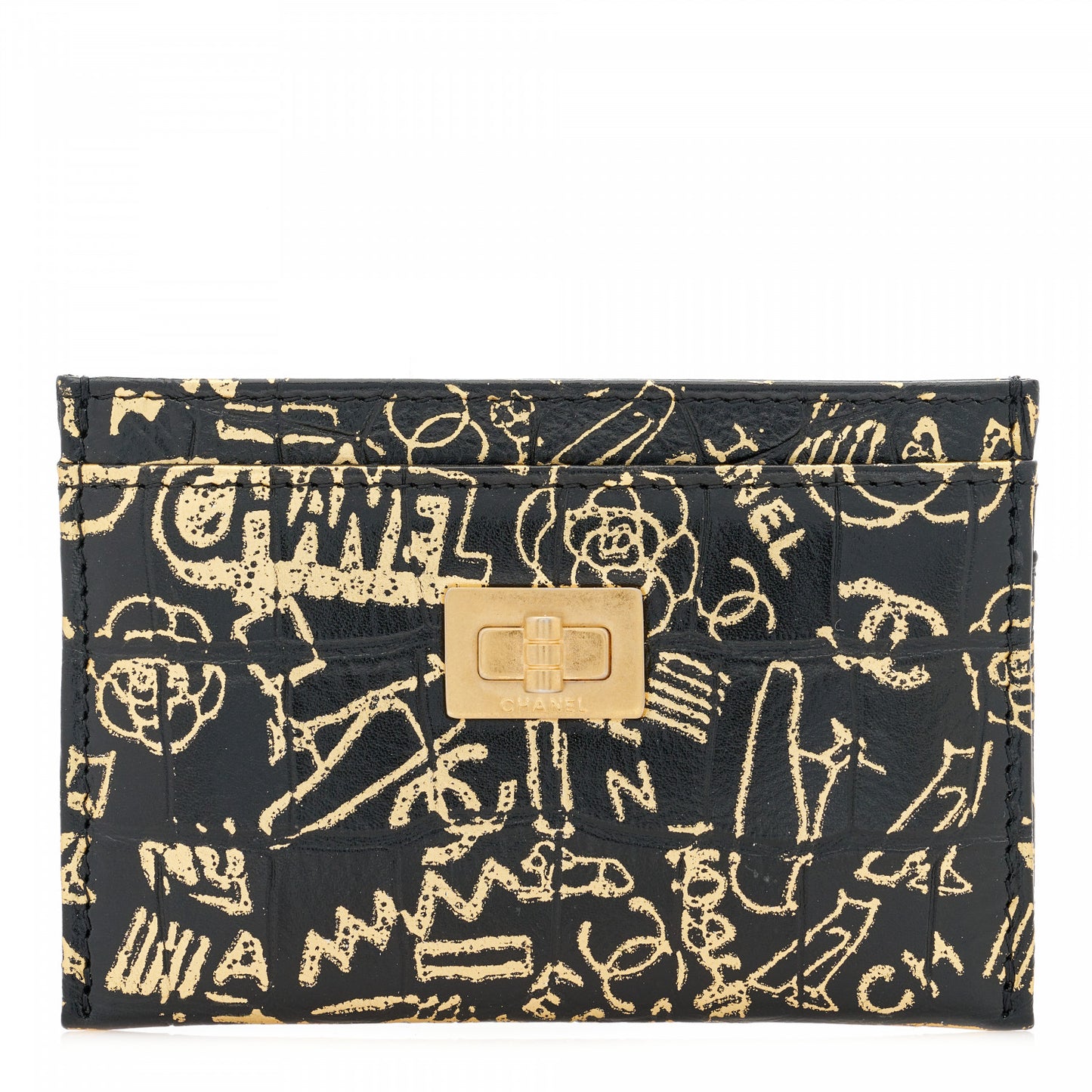 Calfskin Crocodile Embossed Graffiti 2.55 Cocodile Reissue Card Holder Black Gold