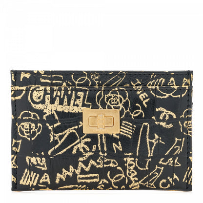 Chanel Calfskin Crocodile Embossed Graffiti 2.55 Cocodile Reissue Card Holder Black Gold 1 of 9