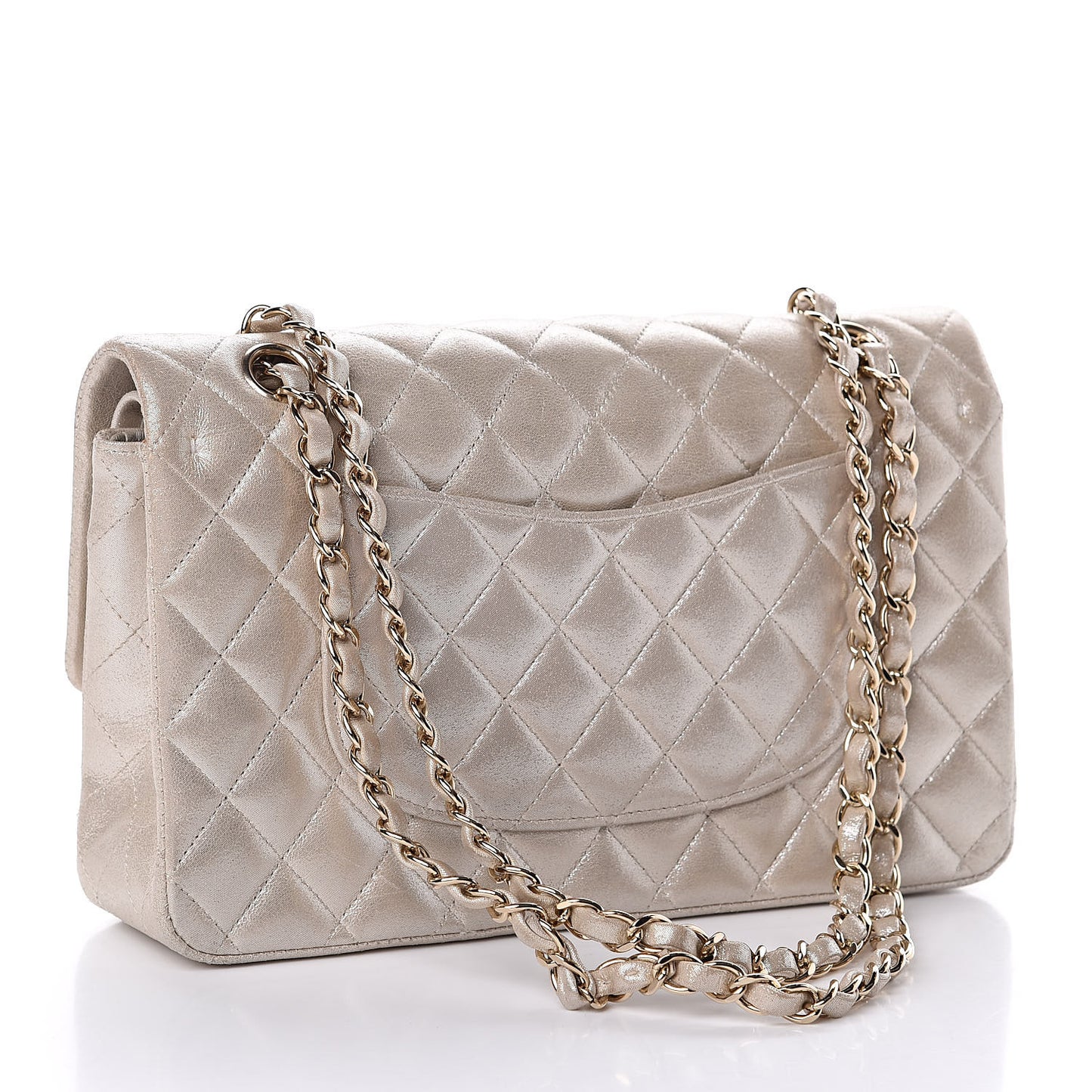 Iridescent Calfskin Quilted Medium Double Flap Light Gold